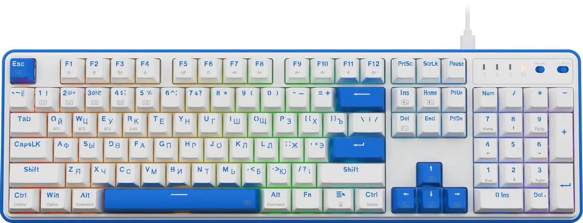 Клавиатура игровая Redragon Faye Pro (72257); USB + (BT/2.4 Ггц); механическая; 104 клавиш; 12 (+FN); RGB подсветка; встроенный аккумулятор; ENG\RUS;