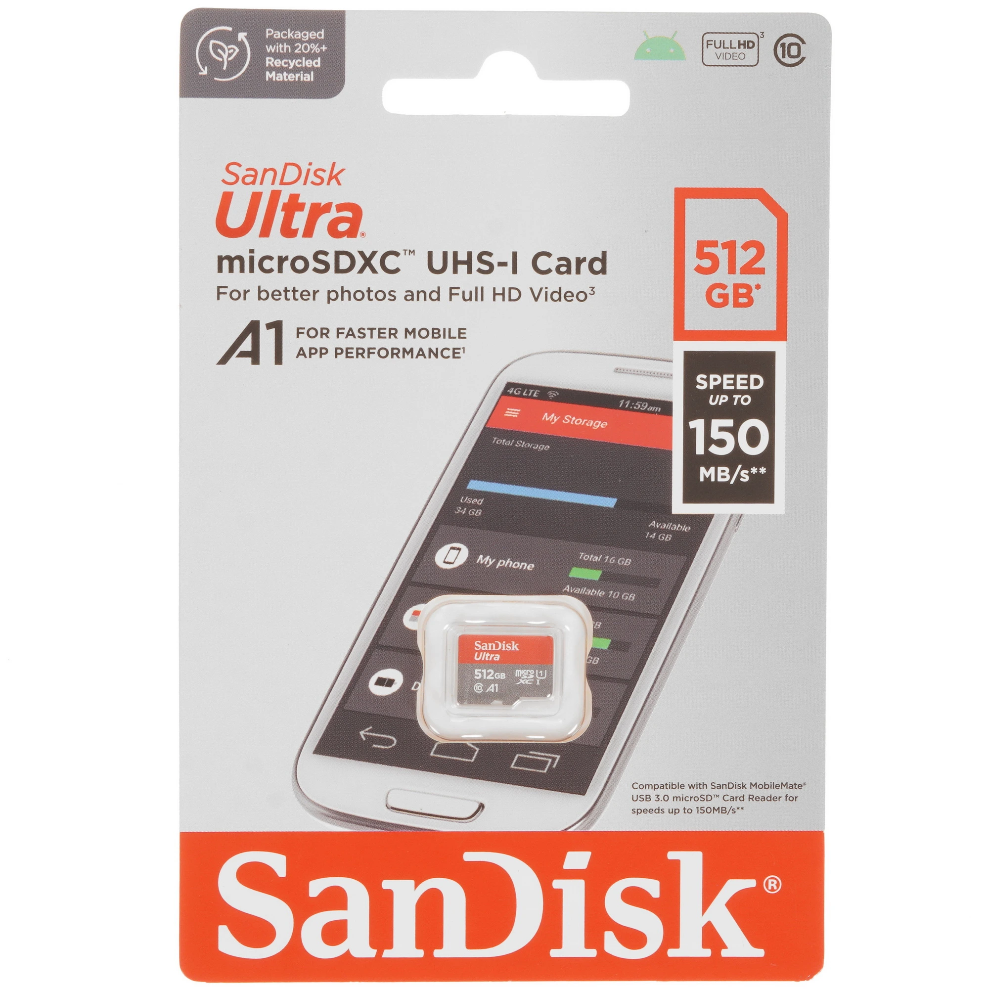 Карта памяти 512 ГБ Sandisk Ultra (SDSQUAC-512G-GN6MN***); micro SDXC UHS-I U1 A1 V10; Class 10; адаптер SD