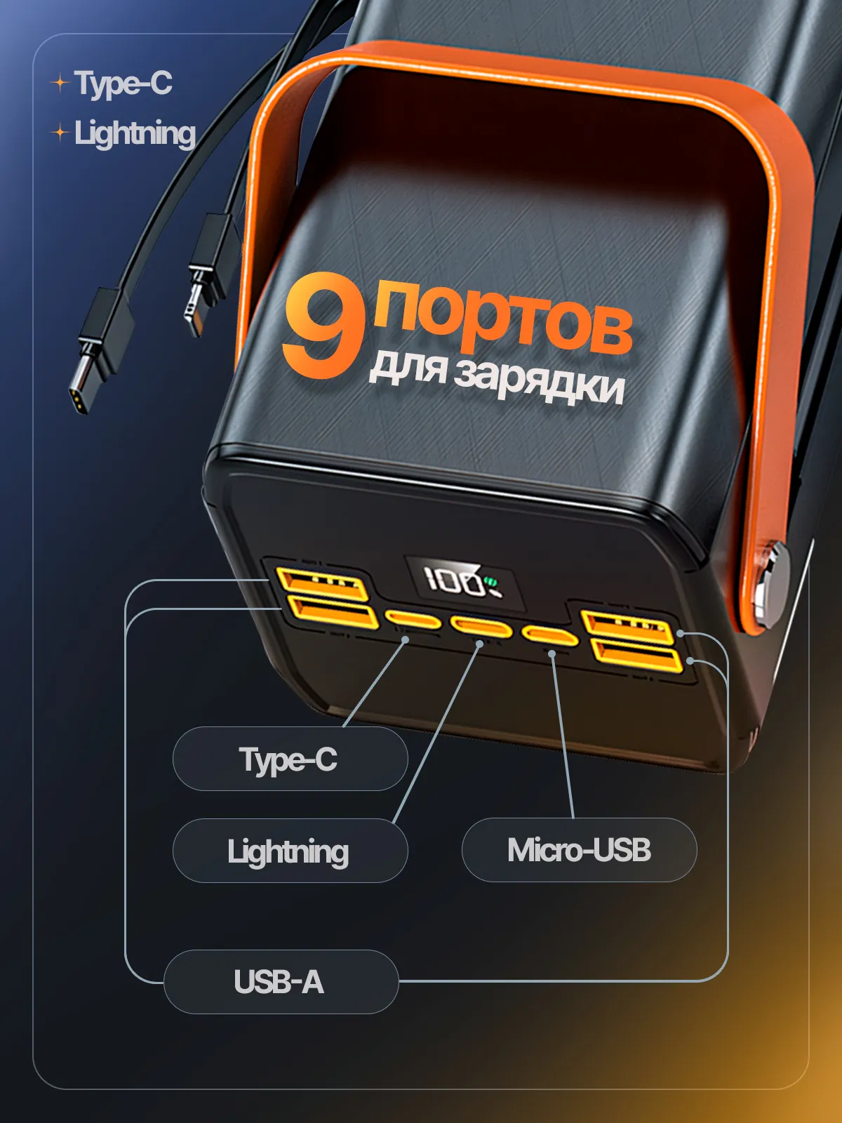 Внешний аккумулятор 100 000 мА/ч; Орбита OT-SMP01D (OT-SMP01D); 3А; 22.5 Вт; LED экран; Встроенный кабель Type-C; 1,93 кг; черный