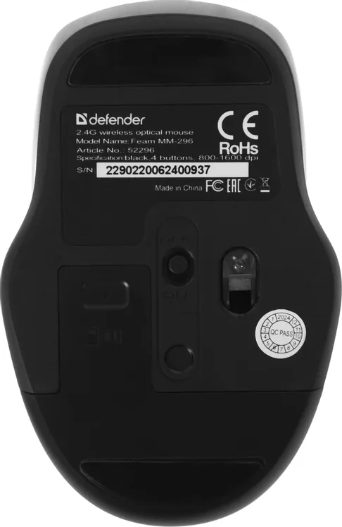 Мышь беспроводная Defender FEAM MM-296 (52296***); USB; оптический; 800/1200/1600 dpi; 4 кнопки; колесо-кнопка; 1хАА; чёрный