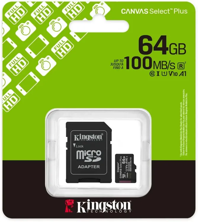 Карта памяти 64 ГБ Kingston Canvas Select Plus (SDCS3/64GB); micro SDXC UHS-I U1 A1 V10; Class 10; адаптер SD