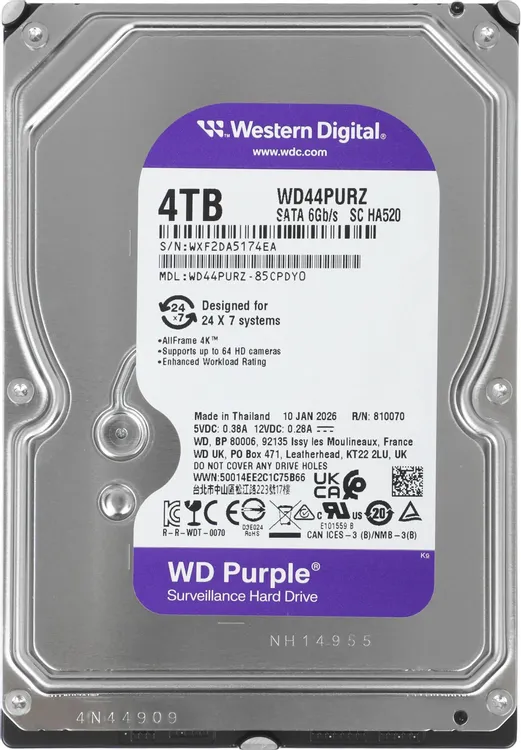 Жесткий диск 4 ТБ Western Digital PURPLE (WD44PURZ); 3,5"; 5400 об/мин; 128 МБ; SATA III