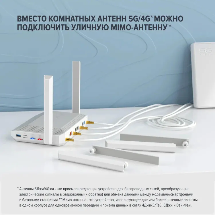 4G/3G Роутер Netcraze Hero 5G AX3000 (NC-4110); 5G+IEEE 802.11ax; 1xWAN/LAN 2,5 Гбит/сек; 4xWAN/LAN 1 Гбит/сек; 1xUSB 3.0; 1xUSB 2.0; 2x nanoSIM; 6 an
