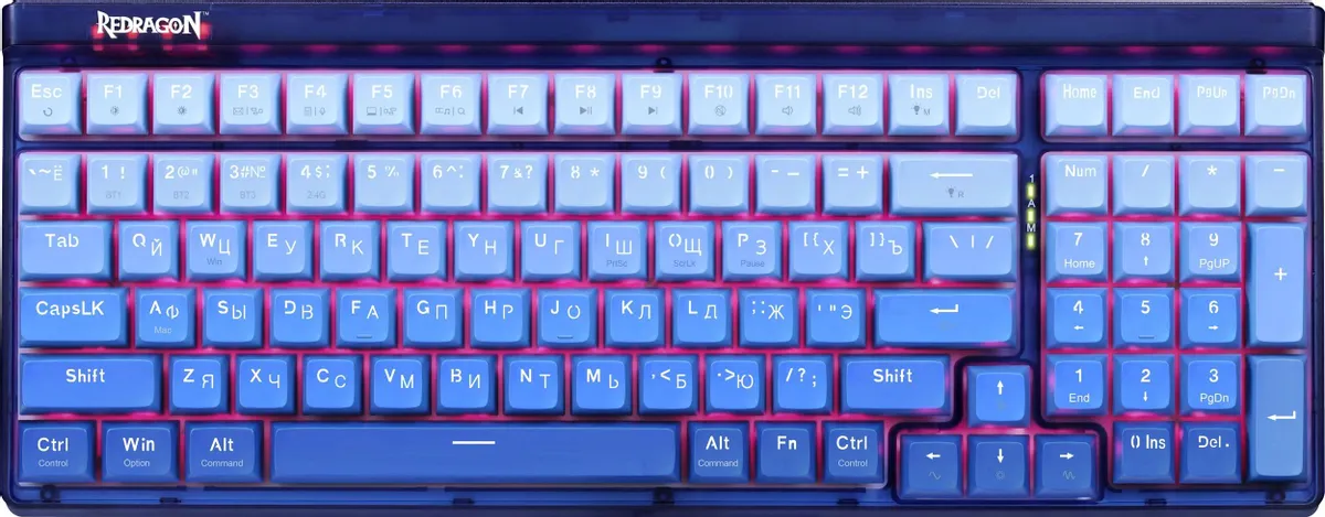 Клавиатура игровая Redragon Garen Pro (71745); USB + (BT/2.4 Ггц); механическая; 100 клавиш; 12 (+FN); RGB подсветка; встроенный аккумулятор; синий