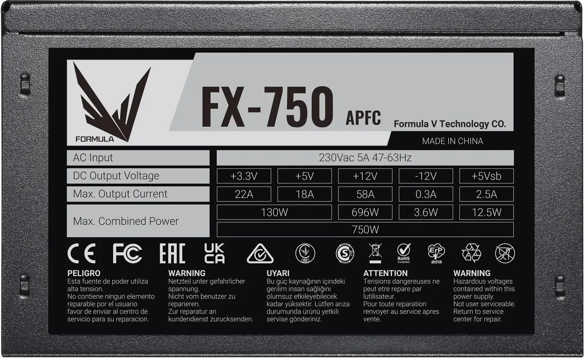 Блок питания 750 Вт Formula FX-750, черный, ATX, 1x24 pin, 1x4+4 pin, 2x6+2-pin, 7xSATA, 3xMolex, AFPC; 120 мм