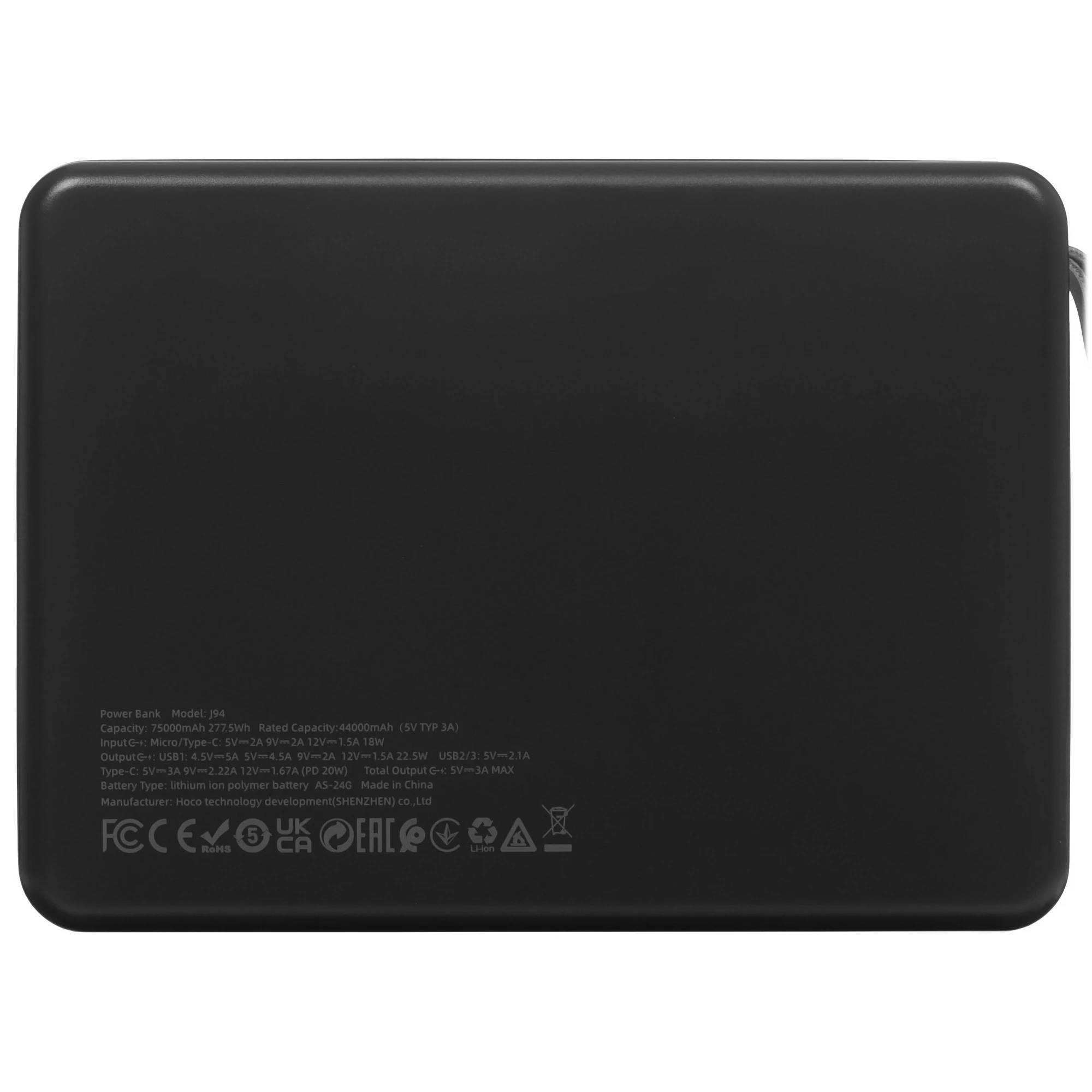 Внешний аккумулятор Hoco J94; 75 000 mAh; USB Type A + Type-C  3А  22,5Вт; LED экран, фонарик; QC3.0 /  PD20W; черный; 1,4 кг