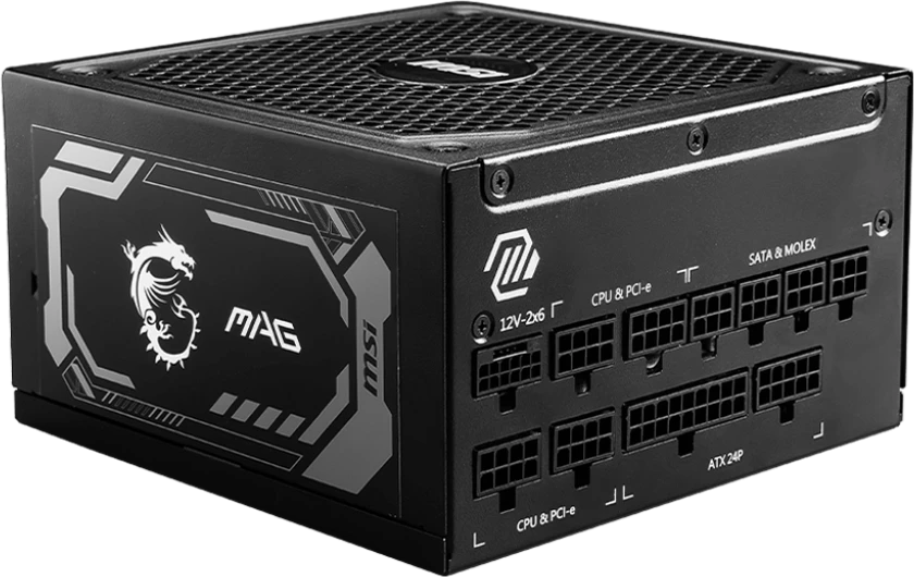 Блок питания 1000 Вт MSI MAG A1000GL PCIE5 12VHPWR (306-7ZP9B11-CE0); 1x24 pin; 2x8(4+4) pin; 12xSata; 4xMolex; 4x6+2-pin PCI-E; 80+ Gold; отстегивающ