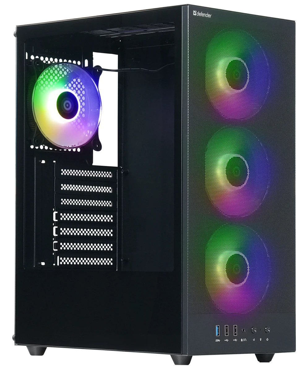 Корпус Defender RaptorX ARGB Black (25122); ATX; Mid-Tower; без БП; ARGB; 4x120 мм; 2xUSB 2.0, 1xUSB 3.X,1x jack 3.5 mm Mic/Aud; чёрный