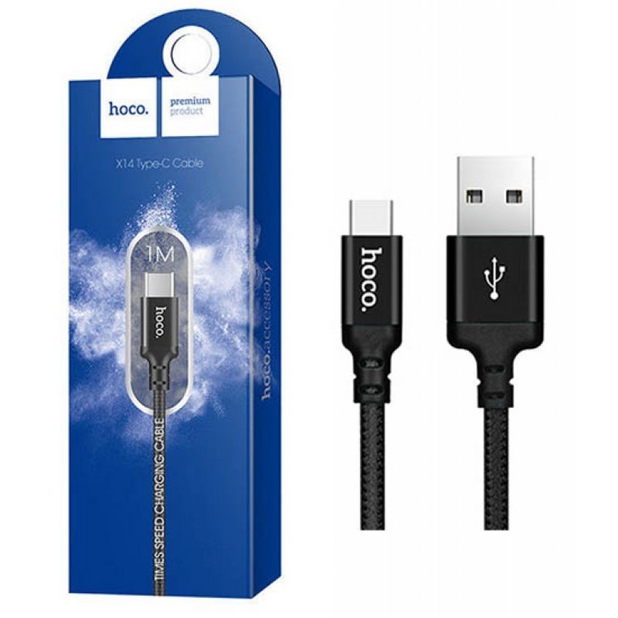 Кабель USB->Type-C Hoco X14 Times ; 3A; 1,0 м; нейлоновая оплетка; черный