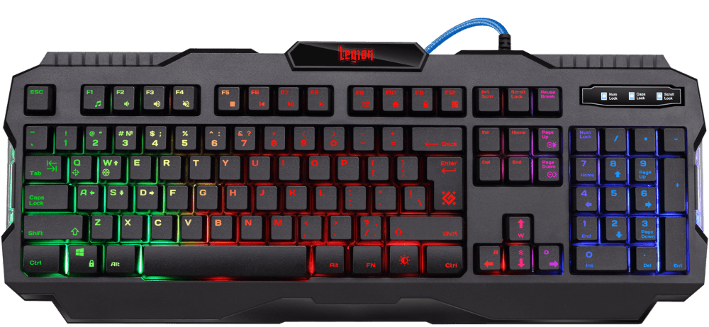 Клавиатура игровая Defender Legion GK-010DL (45010***); USB; мембранная; 19 мультимедийных клавиш / Anti-Ghost; подсветка; ENG\RUS; чёрный