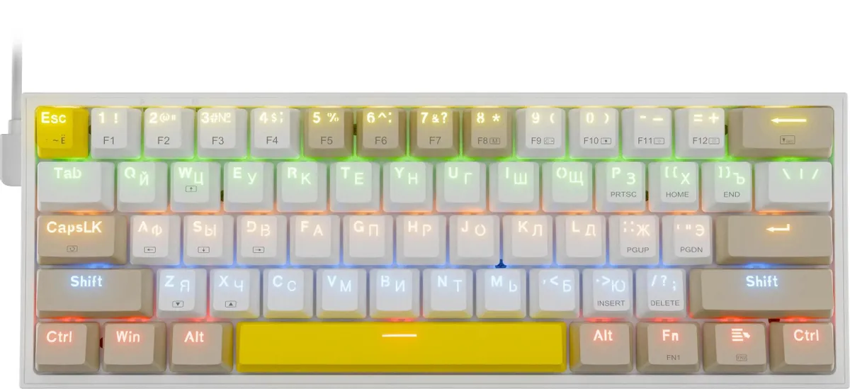 Клавиатура игровая Redragon Fizz White+Beige (72597); USB; механическая; 61 клавиш; Hot Swap; подсветка LED; отсоединяемый кабель; доп. набор колпачко