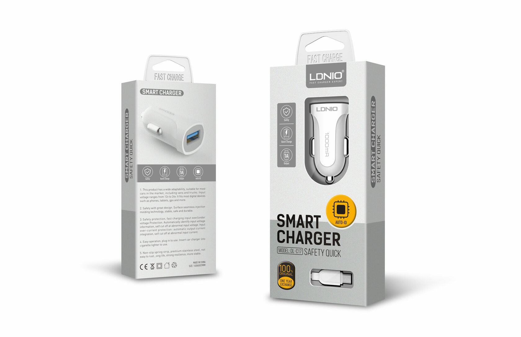 Автомобильная зарядка LDNIO DL-C17M; 1 USB порт - 1А; 5 Вт; кабель micro USB; белый
