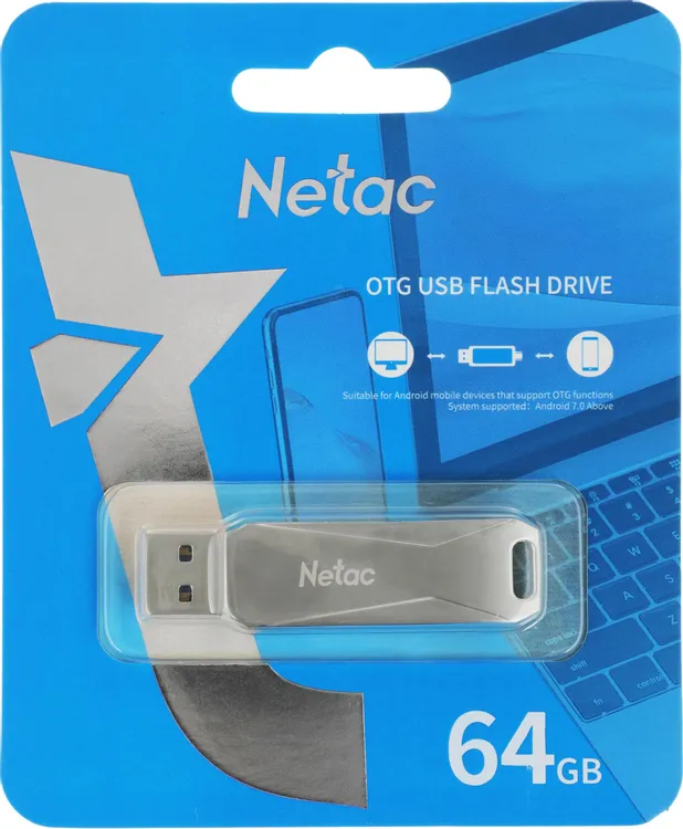 Накопитель USB-флэш 64 ГБ Netac U782C (NT03U782C-064G-30PN***); USB 3.X; ротатор; металлический корпус; OTG Type-C; серебристый