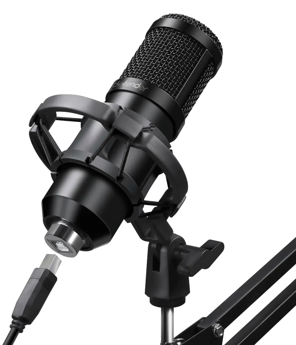 Микрофон Defender Space GMC 450 Black (64645); конденсаторный; кардиоидный; 20 - 20 000 Гц; стойка-пантограф со струбциной; 1,5 м; USB; чёрный