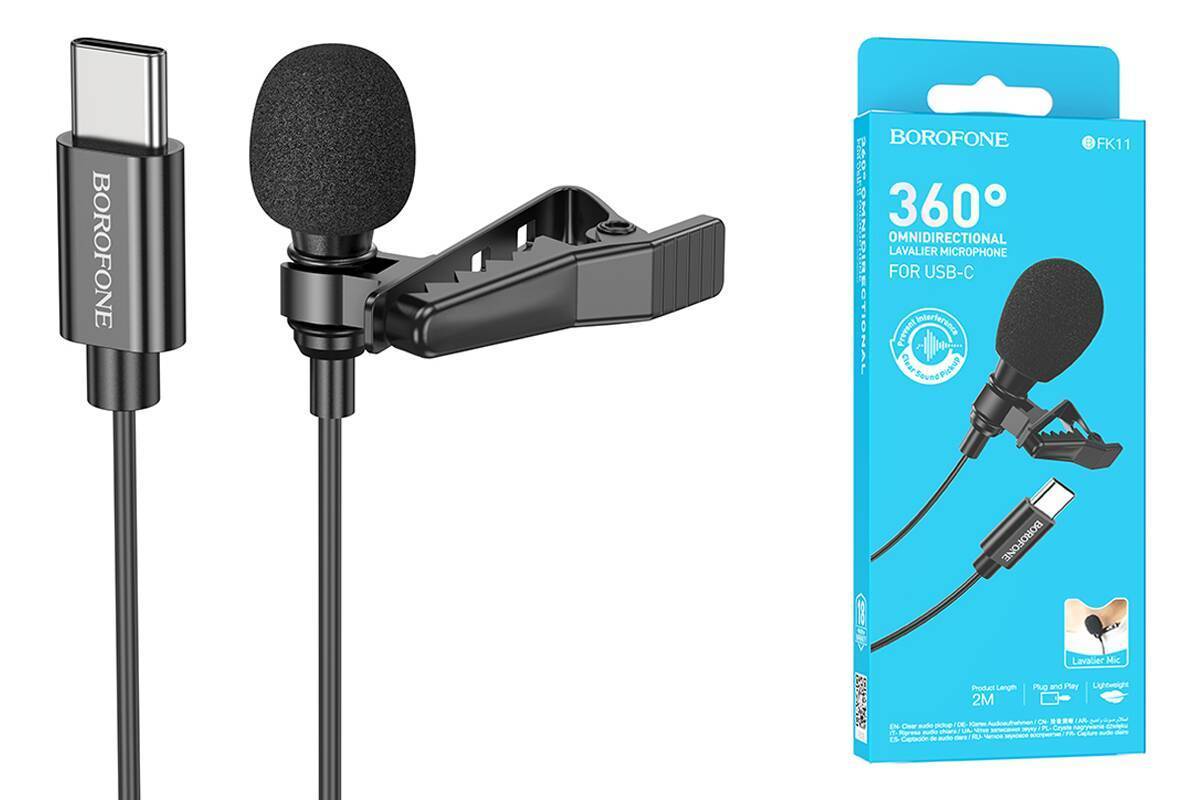 Микрофон Borofone BFK11 Type-C; динамический; всенаправленный; прищепка/клипса; 2 м; Type-C; чёрный