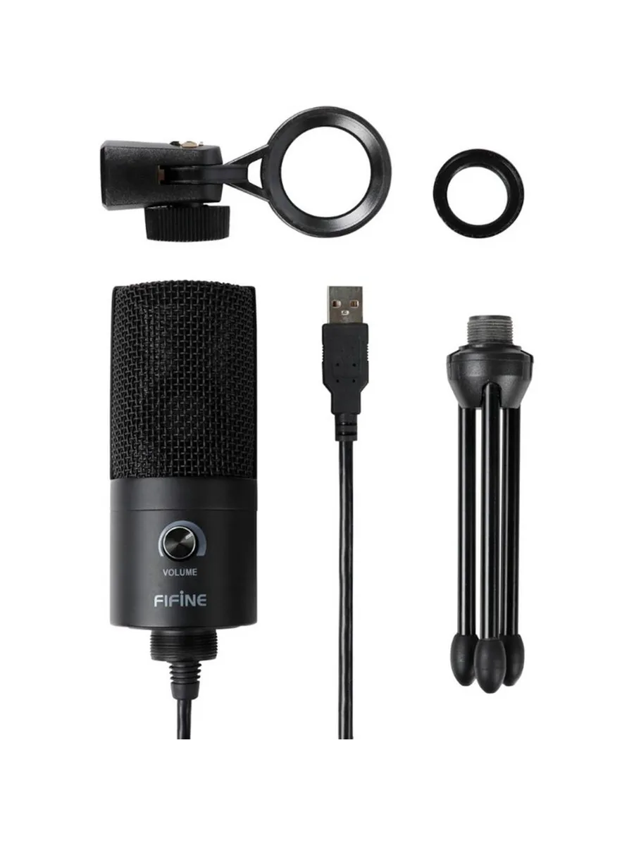 Микрофон Fifine K669 (Black***); конденсаторный; кардиоидный; 20 - 20 000 Гц; штатив; 1,8 м; USB; чёрный
