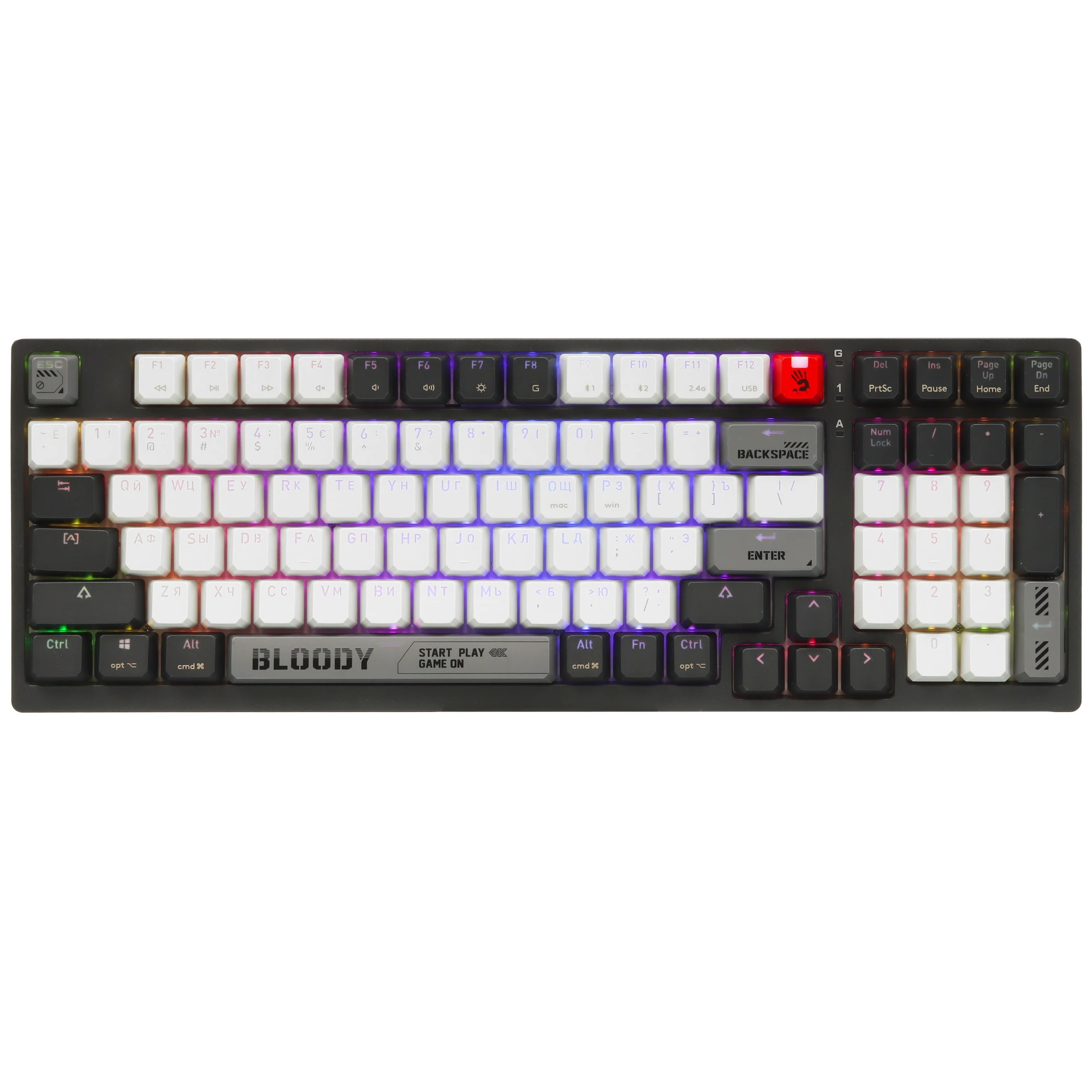 Клавиатура игровая A4Tech Bloody WS98 Black/Grey (Bloody Grey); USB + (BT/2.4 Ггц); механическая; 98 клавиш; 12 (+FN) подсветка RGB; ENG\RUS