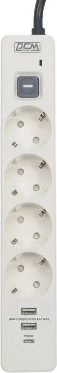 Сетевой фильтр Powercom SP-01 (USB2A1CW); 3 м; 4 евро-розеток + 3 USB(2xType-A 18 Вт+1xType-C 20 Вт); QC3.0/PD; 16 А; 4000 Вт; 380 Дж; белый