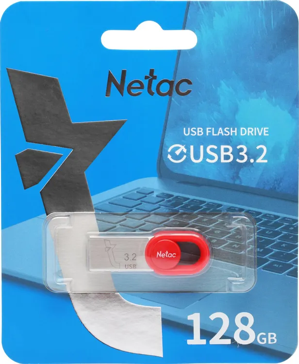 Накопитель USB-флэш 128 ГБ Netac UM2 (NT03UM2N-128G-32RE***); USB 3.2; моноблок; металлический корпус; красный + серебристый