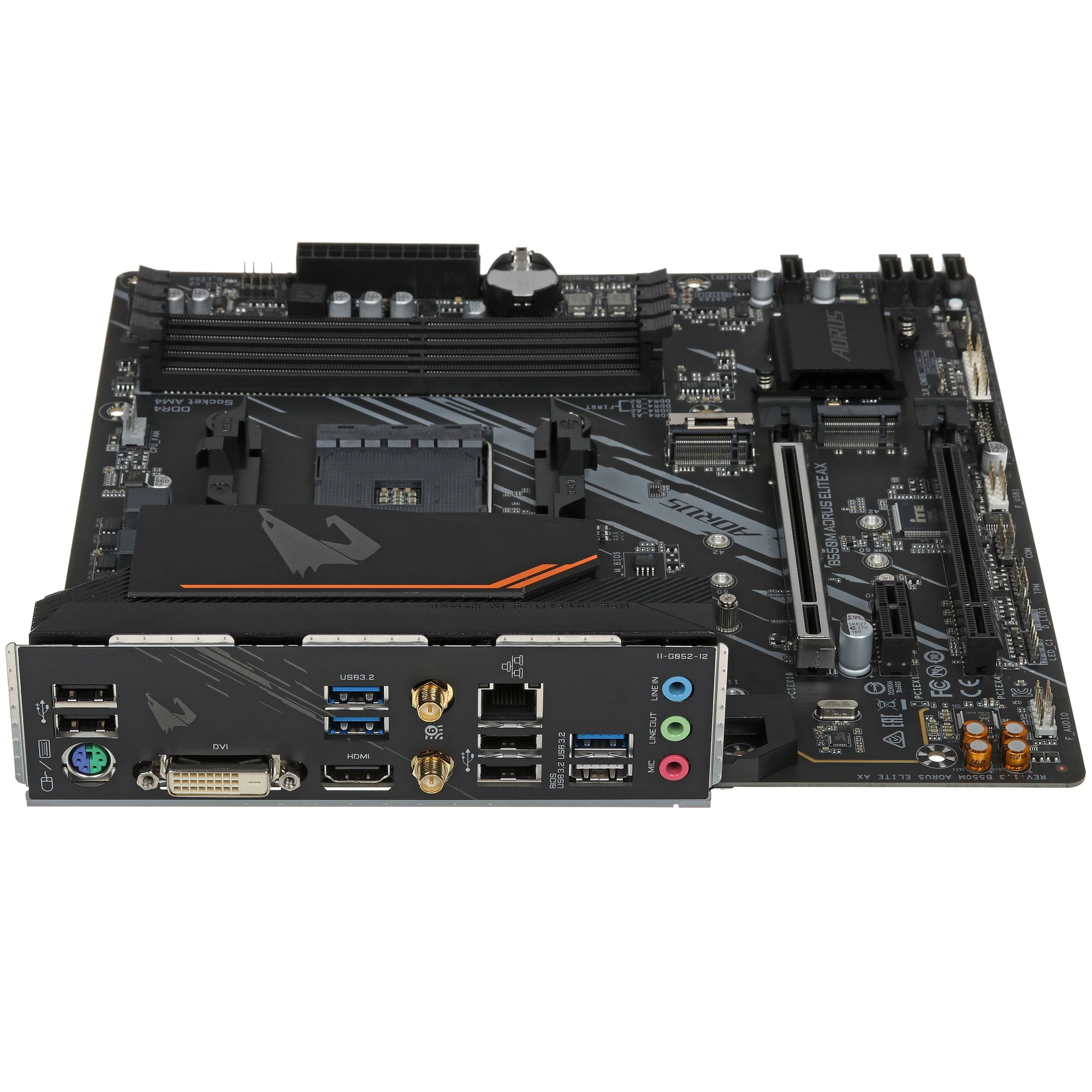 Материнская плата Gigabyte B550M AORUS ELITE AX; Socket AM4; mATX; AMD B550; 4хDDR4(4733); 2xPCI-E x16; 1xPCI-E x1; 1xDVI; 1xHDMI; 4(SATA 6Gb/s); 7.1