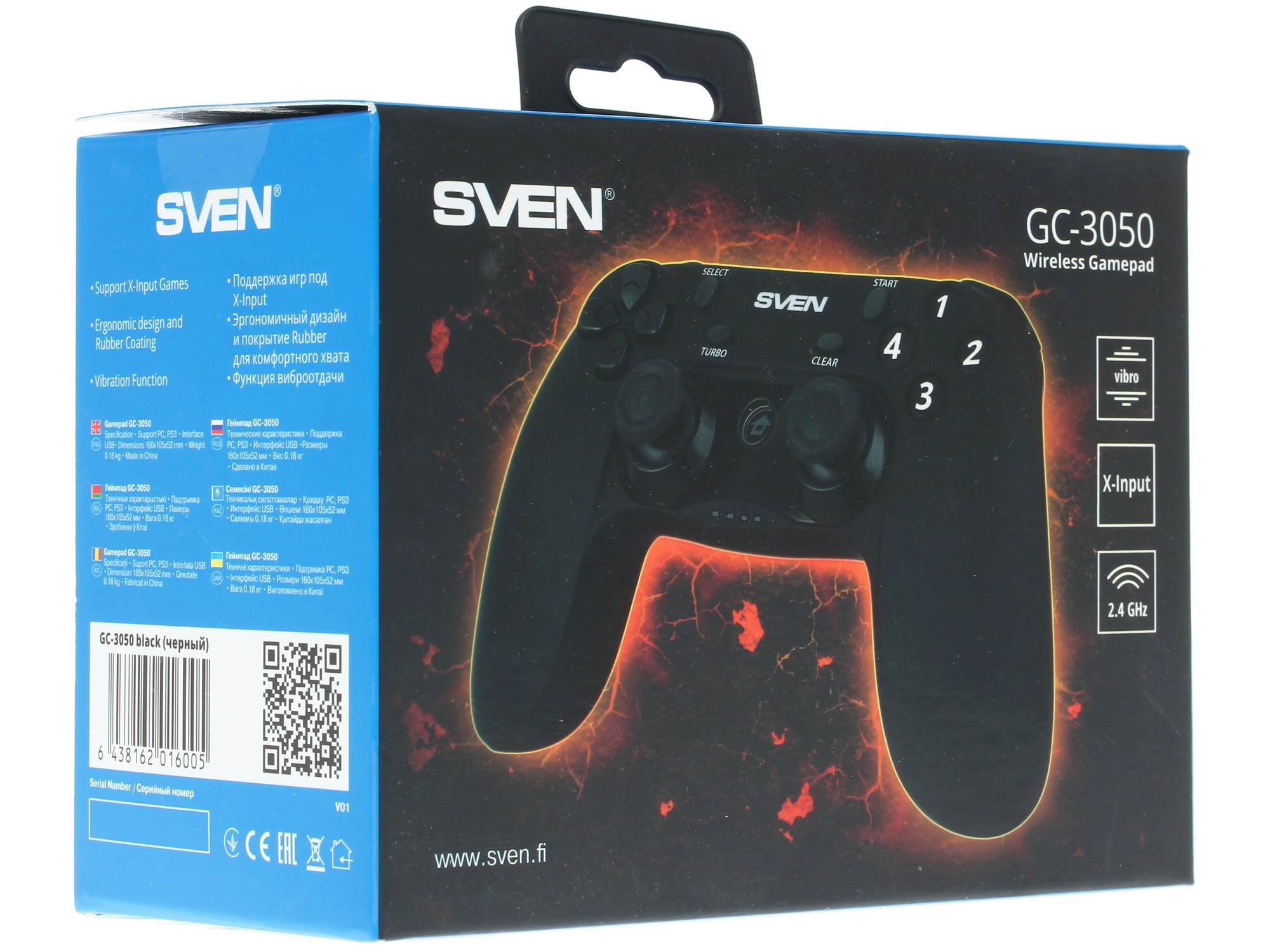 Геймпад беспроводной Sven GC-3050 (SV-016005); PS3, PC, Android; обратная связь; 16 кнопок; 2 мини-джойстика; виброотдача; USB; чёрный