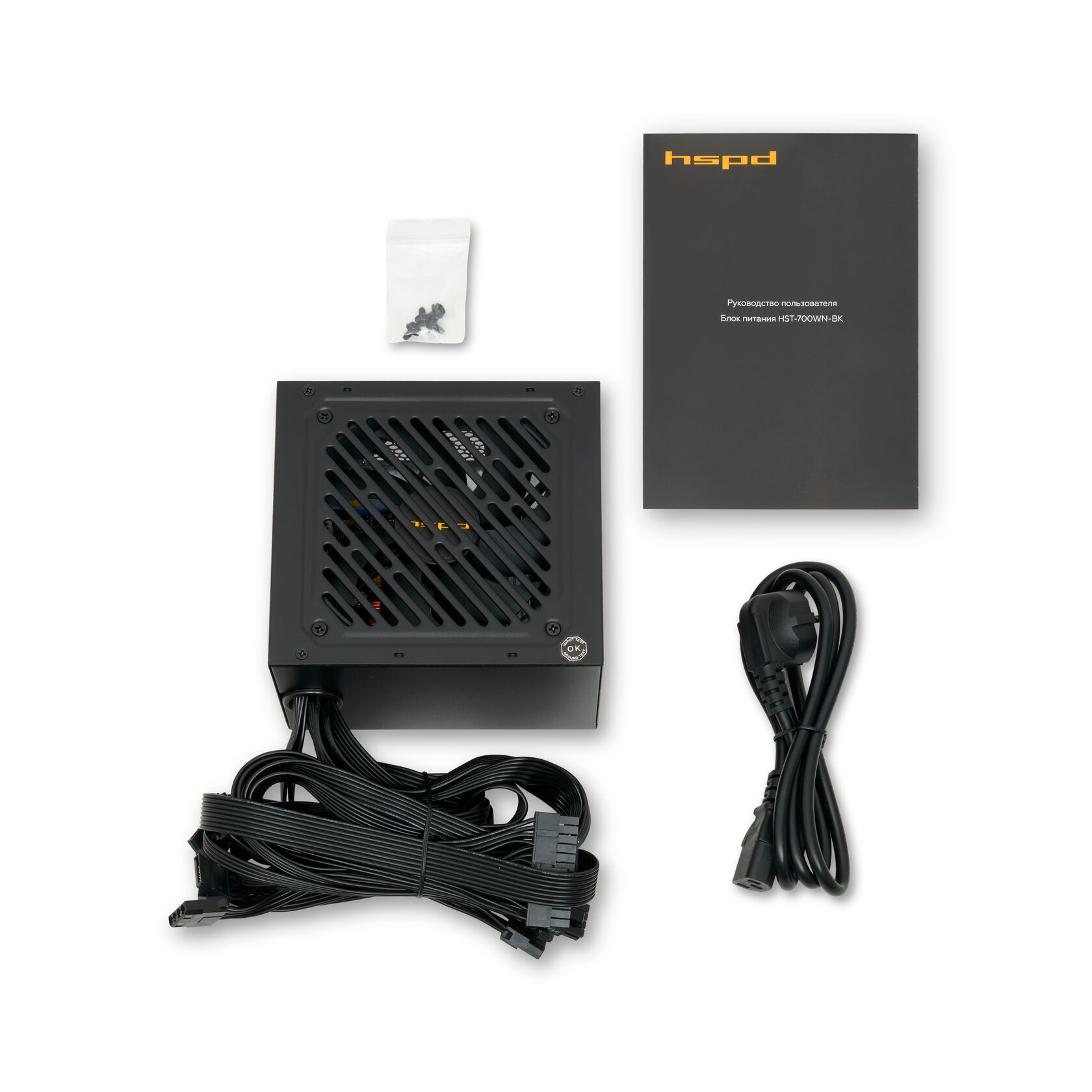 Блок питания 700 Вт HSPD (HST-700WN-BK); 2x24 pin; 1x8(4+4) pin; 5xSata; 2xMolex; 2x6+2-pin PCI-E; 80+ Standard; APFC; 120 мм