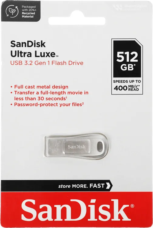 Накопитель USB-флэш 512 ГБ Sandisk Ultra Luxe (SDCZ74-512G-G46); USB 3.2 Gen 1; моноблок; серебристый
