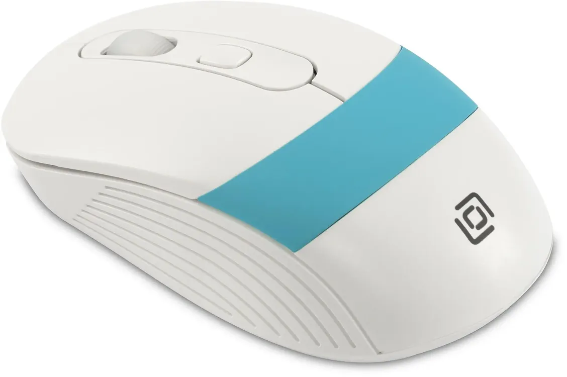Мышь беспроводная Oklick 310MW White (1869094); 2.4 ГГц; USB; оптический; 1200-3200 dpi; 4 кнопок; колесо прокрутки; 1хАА; белый+синий