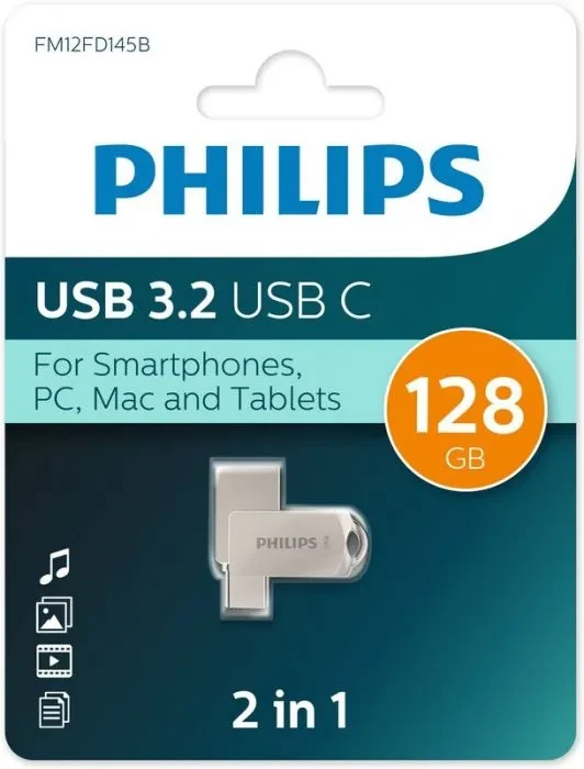 Накопитель USB-флэш 128 ГБ Philips (FM12FD145B/97); USB 3.X; ротатор; металлический корпус; OTG Type-C; серебристый