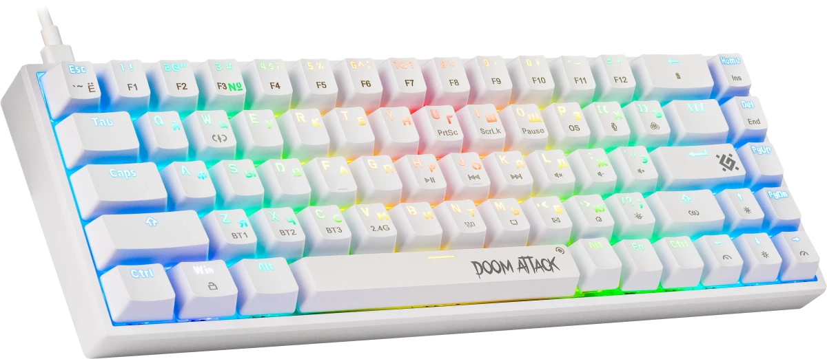 Клавиатура игровая Defender Doom Attack GK-215 (45215); USB+(BT/2.4 Ггц); механическая; 68 клавиш; Hot Swap; подсветка RGB; ENG\RUS; отсоединяемый каб