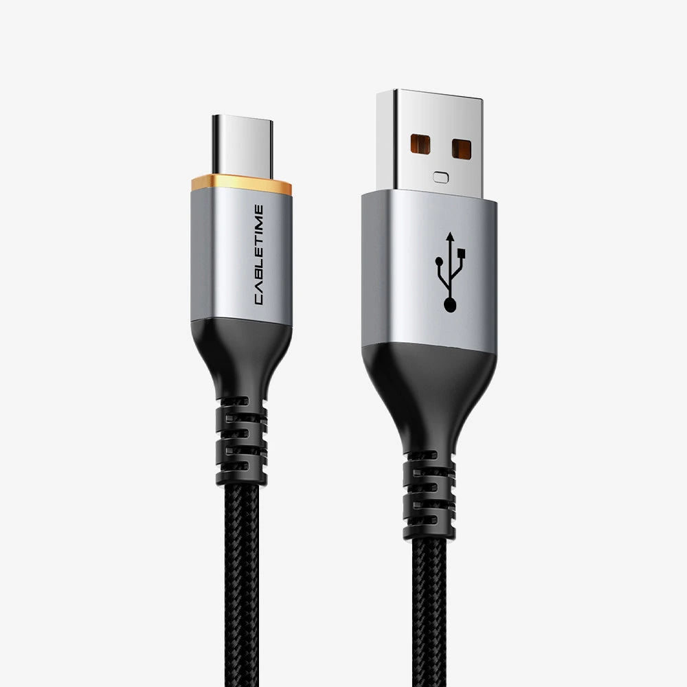 Кабель USB->Type-C CABLETIME CA50H (CT-AMCM5A-AG1), 5А, 60 Вт, нейлоновая оплётка, корпус разъёмов алюминиевый сплав, 1 м, черный