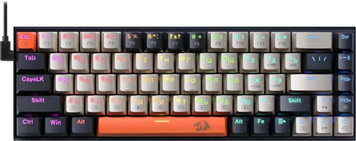 Клавиатура игровая Redragon Ryze (72603); USB; механическая; 68 клавиши; подсветка RGB; отсоединяемый кабель; ENG\RUS; чёрный