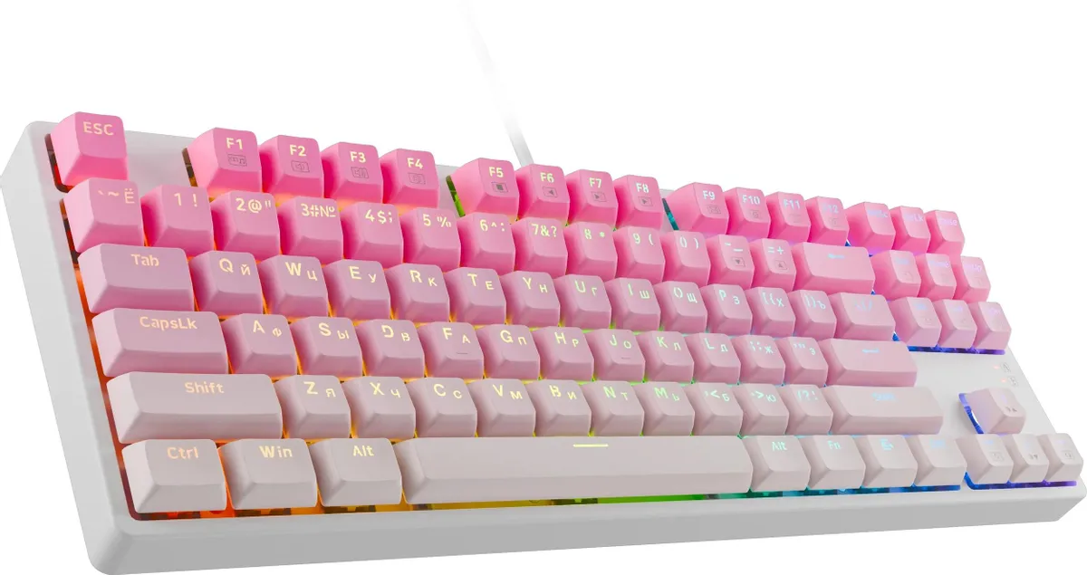 Клавиатура игровая Redragon Cass Pink (71878); USB; механическая; 87 клавиш; 12 (+FN); подсветка RGB; ENG\RUS; белый+розовый
