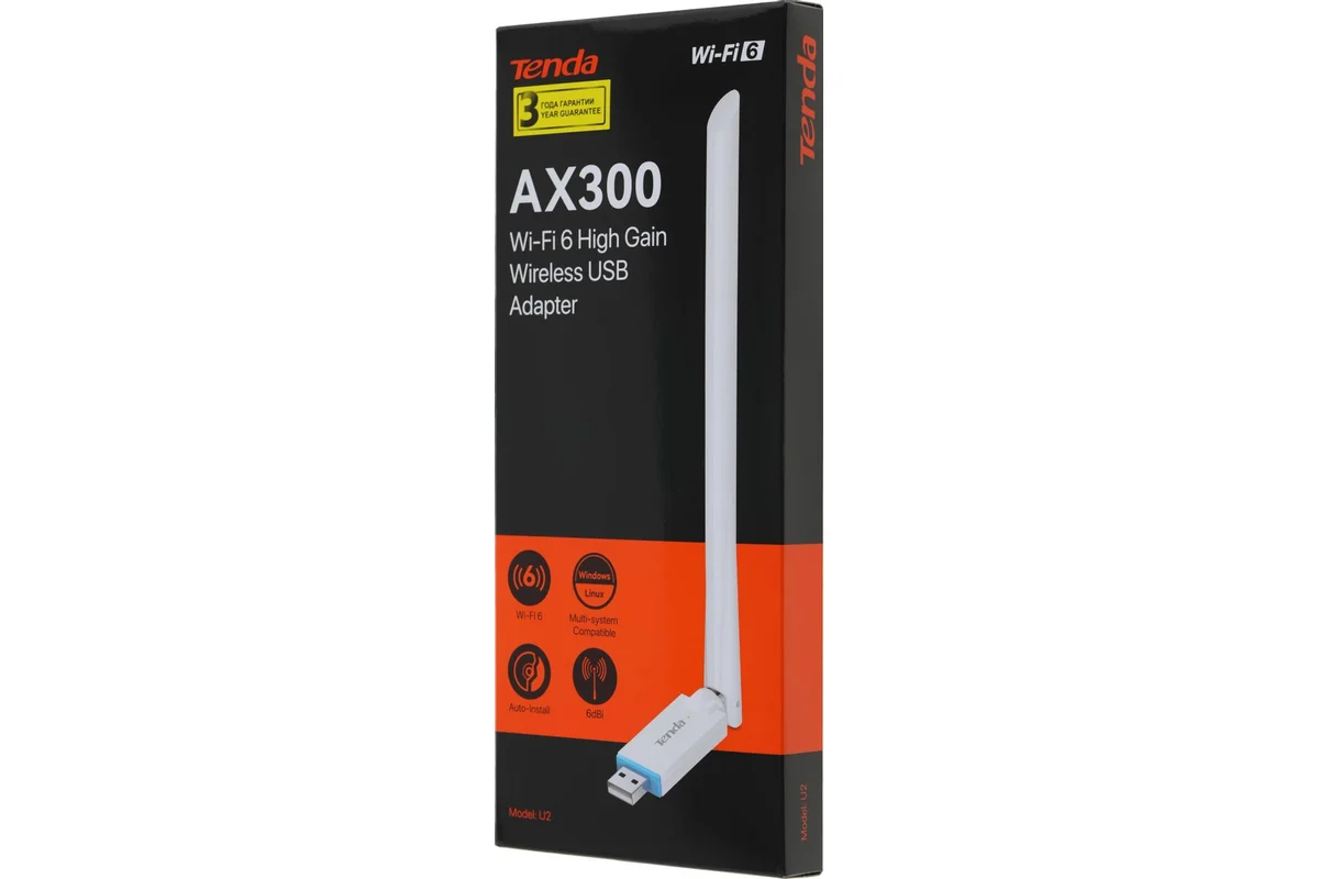 Сетевая карта WiFi Tenda U2 v5.0 AX300; 286 Мбит/с; 1 x 6 dBi; USB