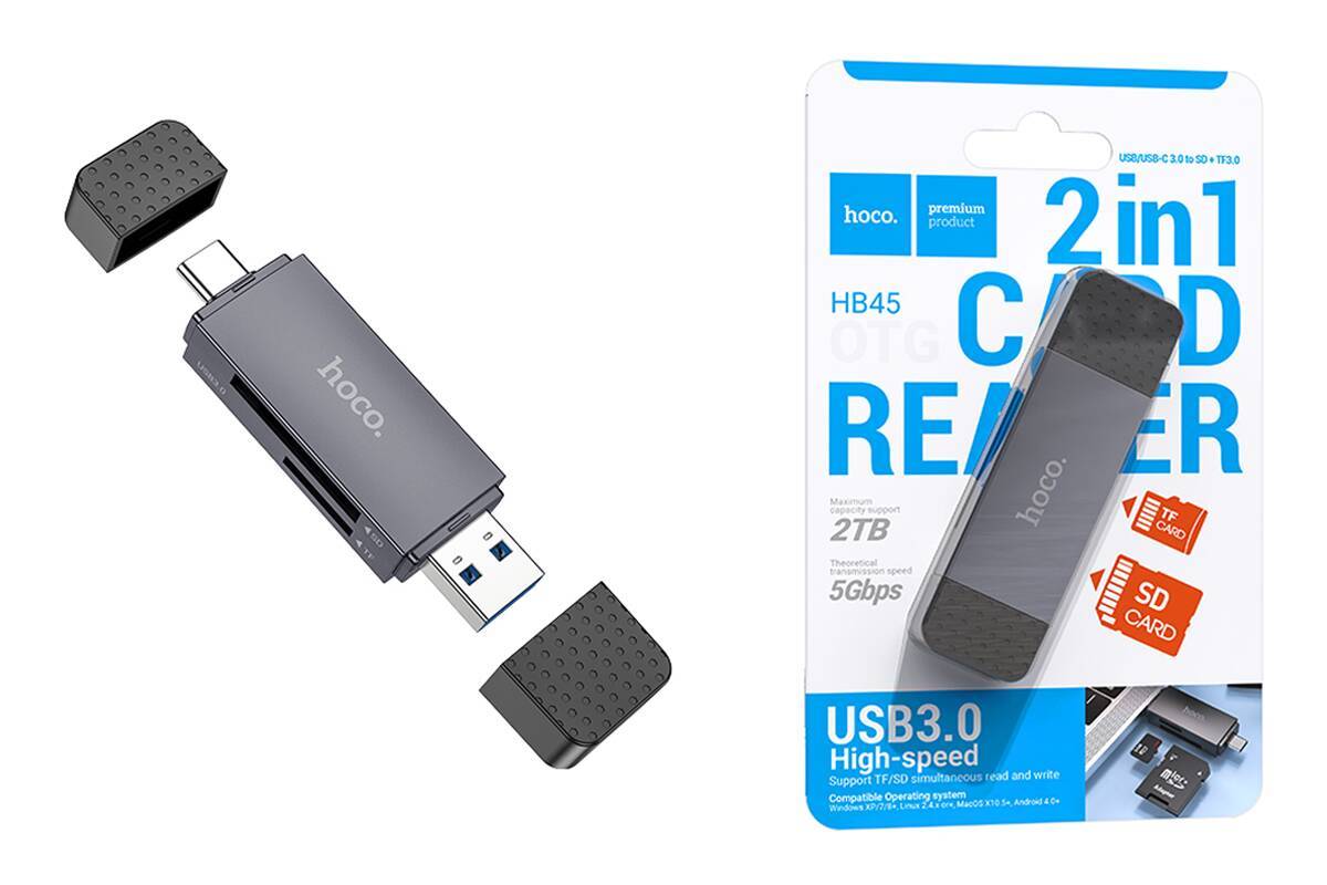 Кардридер внешний Hoco HB45 Spirit USB-A and Type-C USB3.0; в виде флэшки; SD/MMC; microSD; SDНС; пластик; чёрный