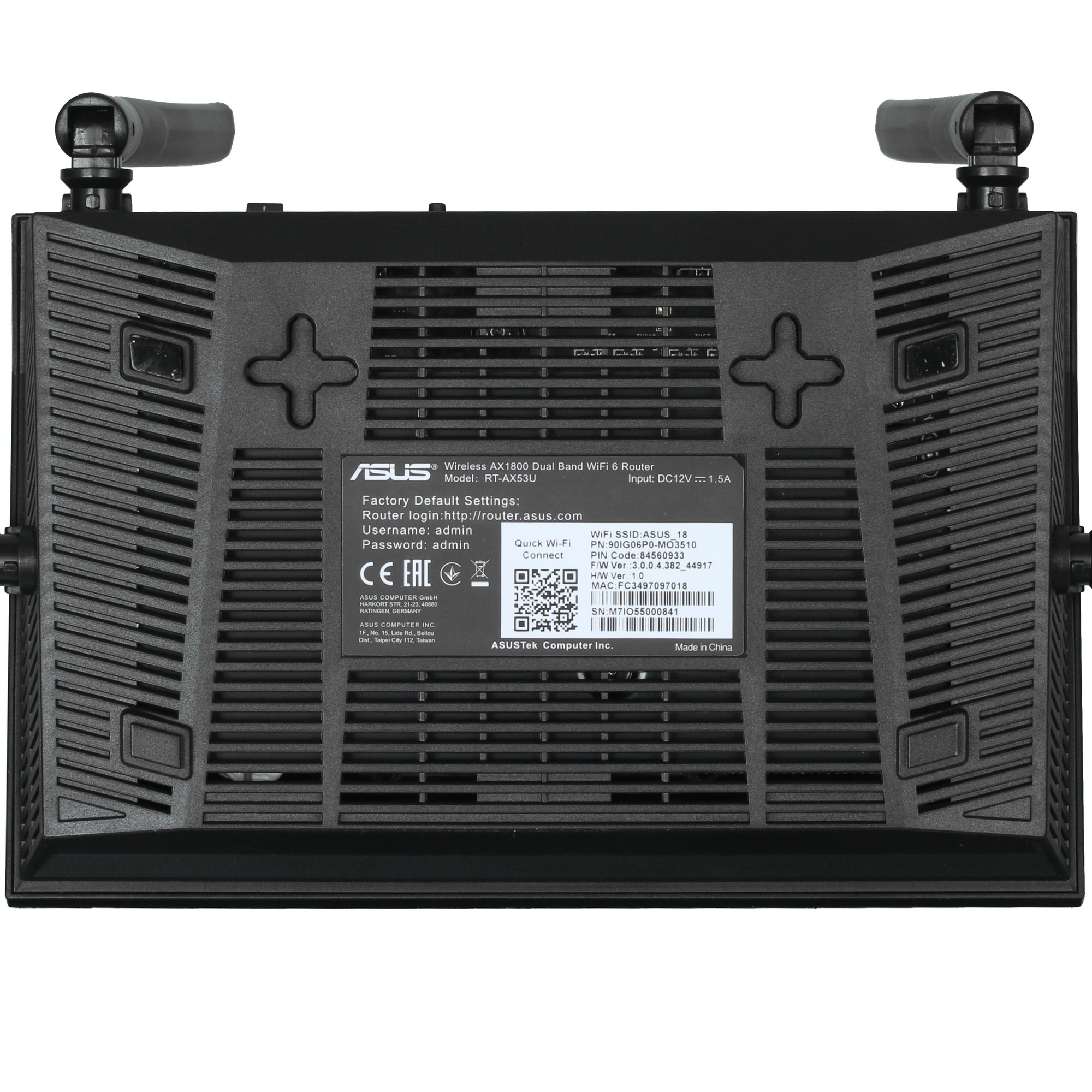 Роутер Asus RT-AX53U AX1800 (90IG06P0-MO3510); 574 Мбит/сек + 1201 Мбит/сек; 3xLAN 1 Гбит/с; 1xWAN 1 Гбит/с; 1xUSB 2.0; 4 ant