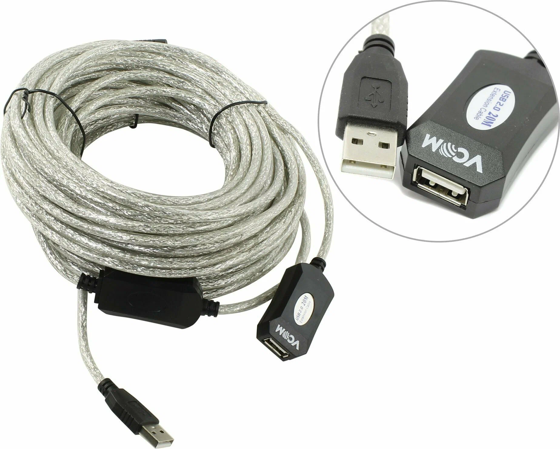 Кабель USB 2.0 AM/AF VCOM VUS7049 (VUS7049-5M); USB 2.0 Тип A; USB 2.0 Тип F; с ферритовым фильтром; активный; 5,0 м; блистер