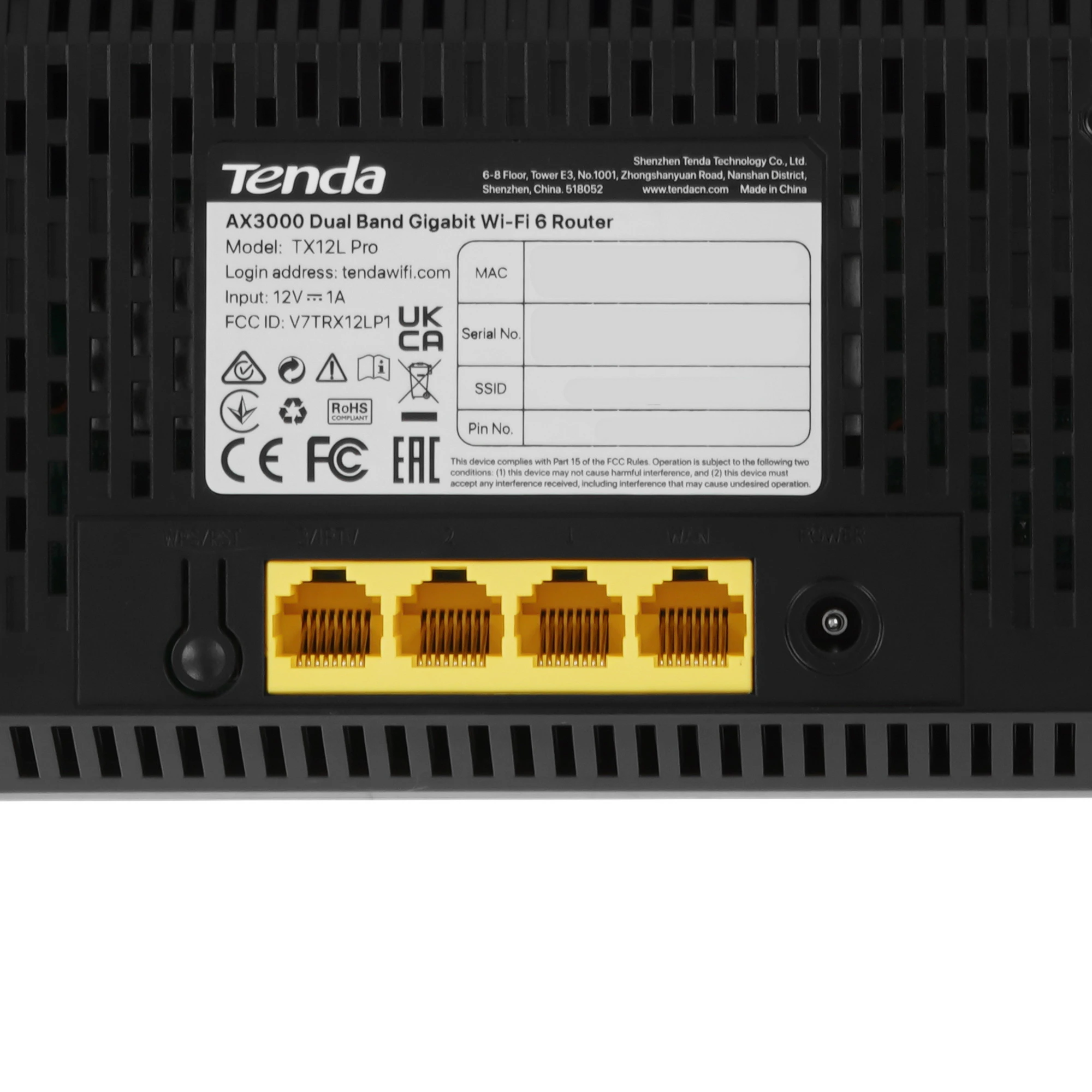 Роутер TENDA TX12L Pro (AX3000); 802.11 a/b/g/n/ac/ax; 574 Мбит/с + 2402 Мбит/с; 3x LAN 1000 Мбит/с, 1x WAN 1000 Мбит/с; 5 ant