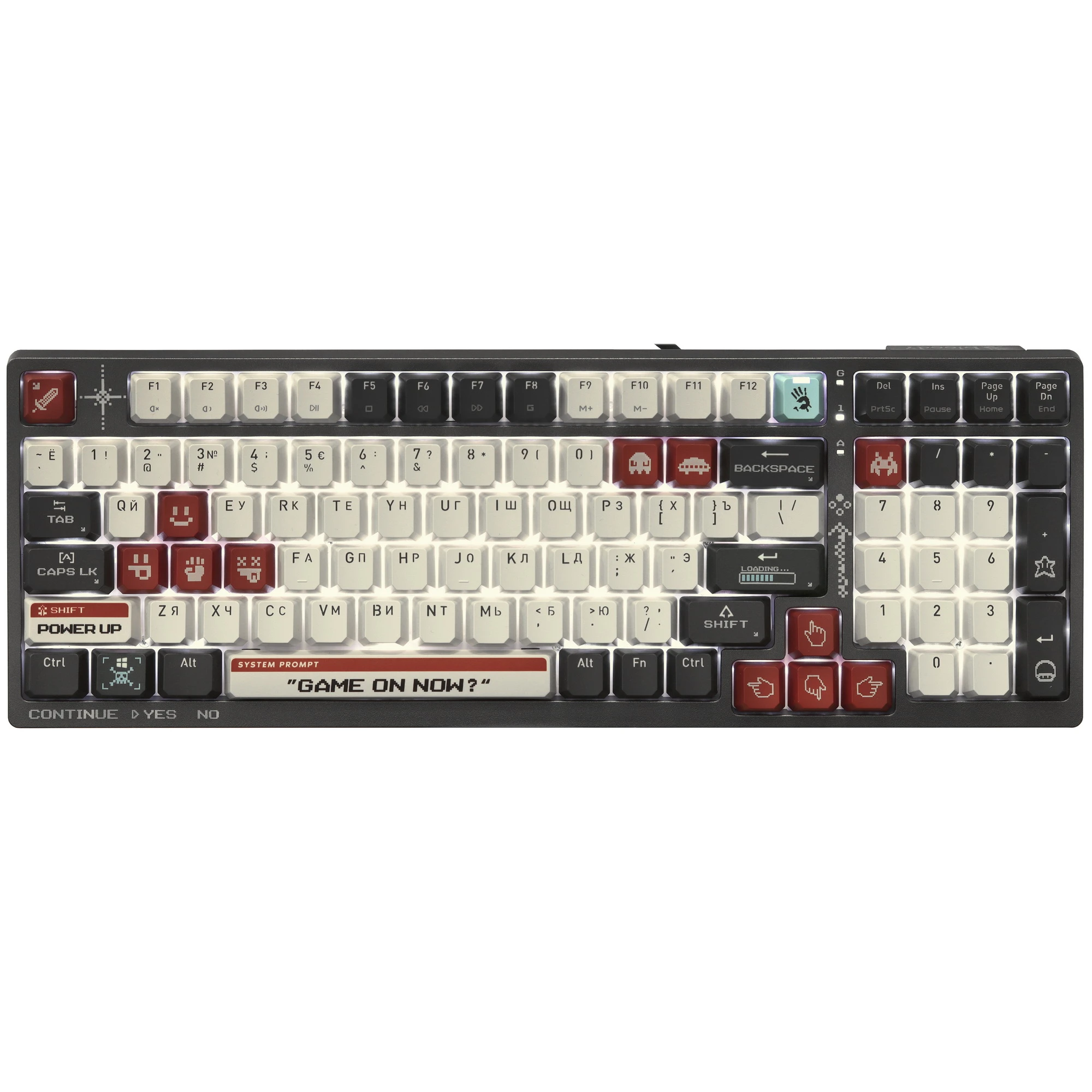 Клавиатура игровая A4Tech Bloody S98 Pixels (S98 Pixels Red); USB; механическая (BLMS Red Plus); 98 клавиш; 12 (+FN); RGB подсветка; ENG\RUS; серый +