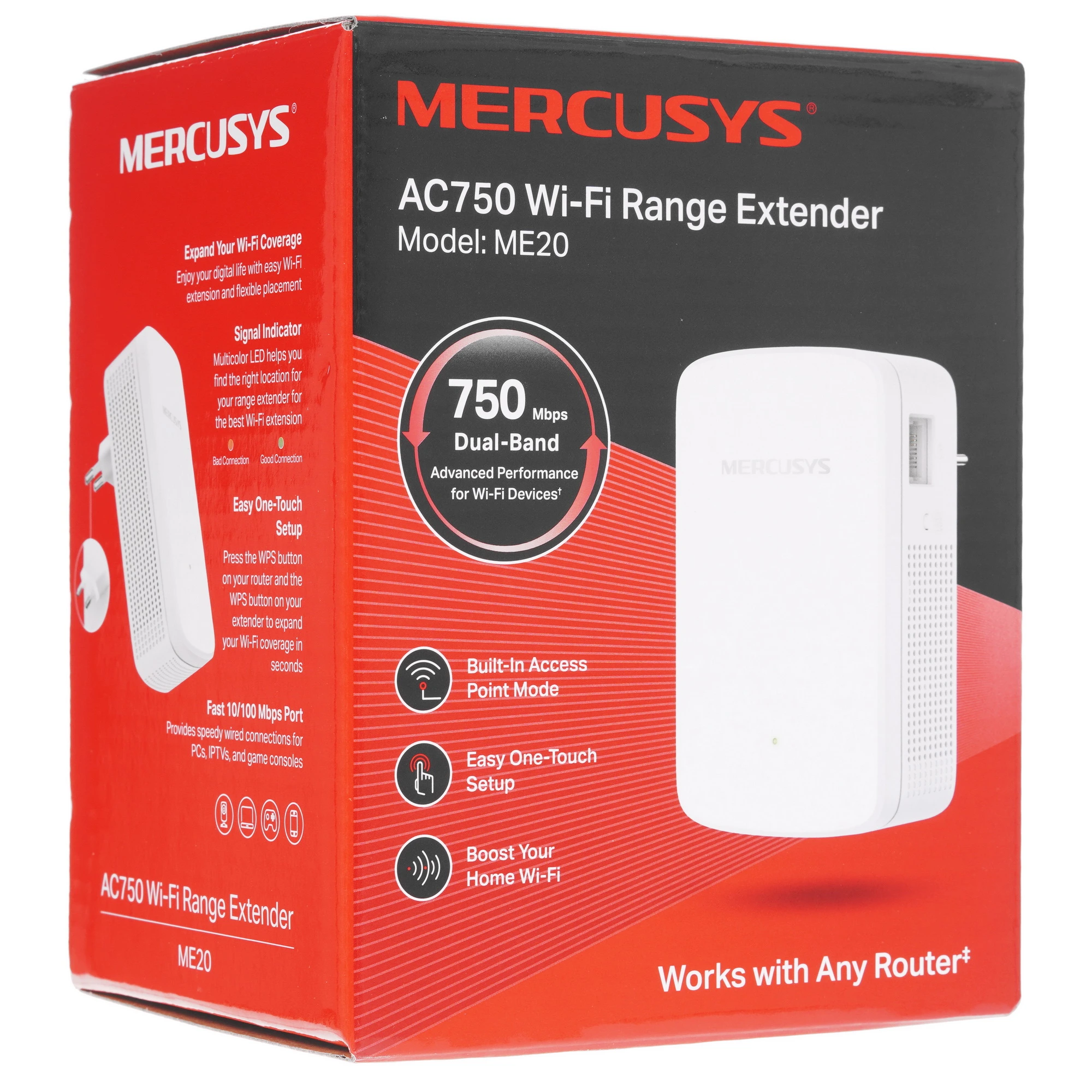Точка доступа универсальный усилитель Mercusys ME20 (AC750***); 750 Мбит/с (300 Мбит/с+ 433 Мбит/с);