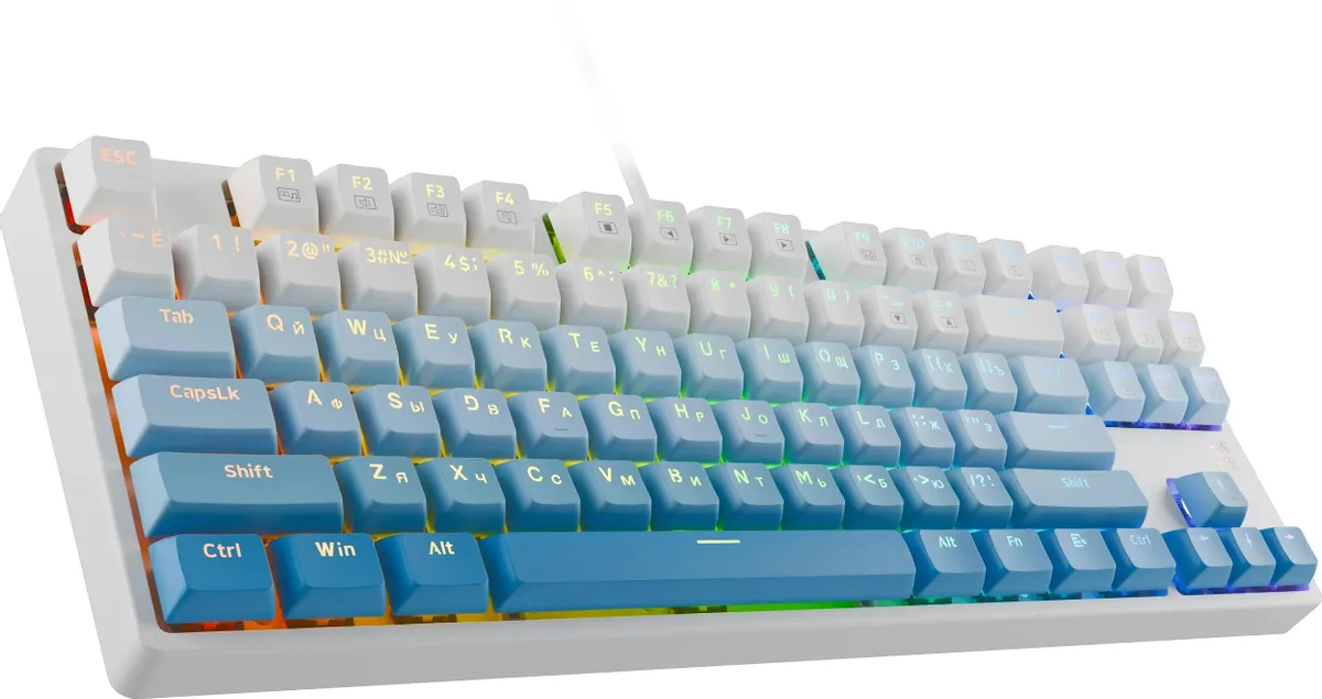 Клавиатура игровая Redragon Cass Blue (71485); USB; механическая; 87 клавиш; 12 (+FN); подсветка RGB; ENG\RUS; белый+синий