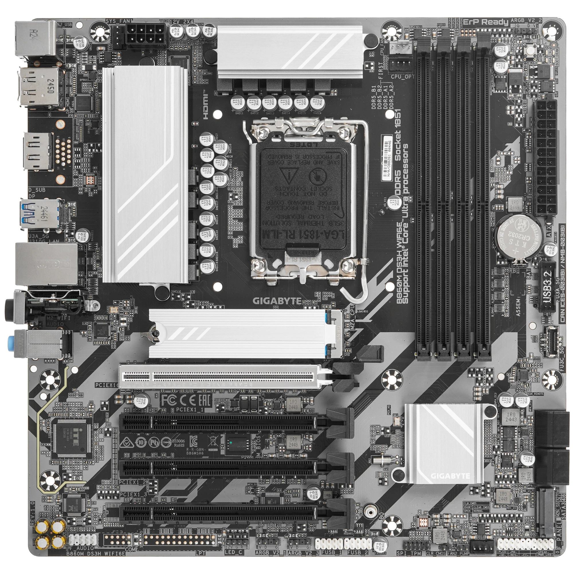 Материнская плата Gigabyte B860M DS3H; Socket 1851; mATX; Intel B860; 4хDDR5(9066); 3xPCI-E x16; 1xHDMI; 2xDP; 4(SATA 6Gb/s); Audio 8 ch; 2,5 GbE