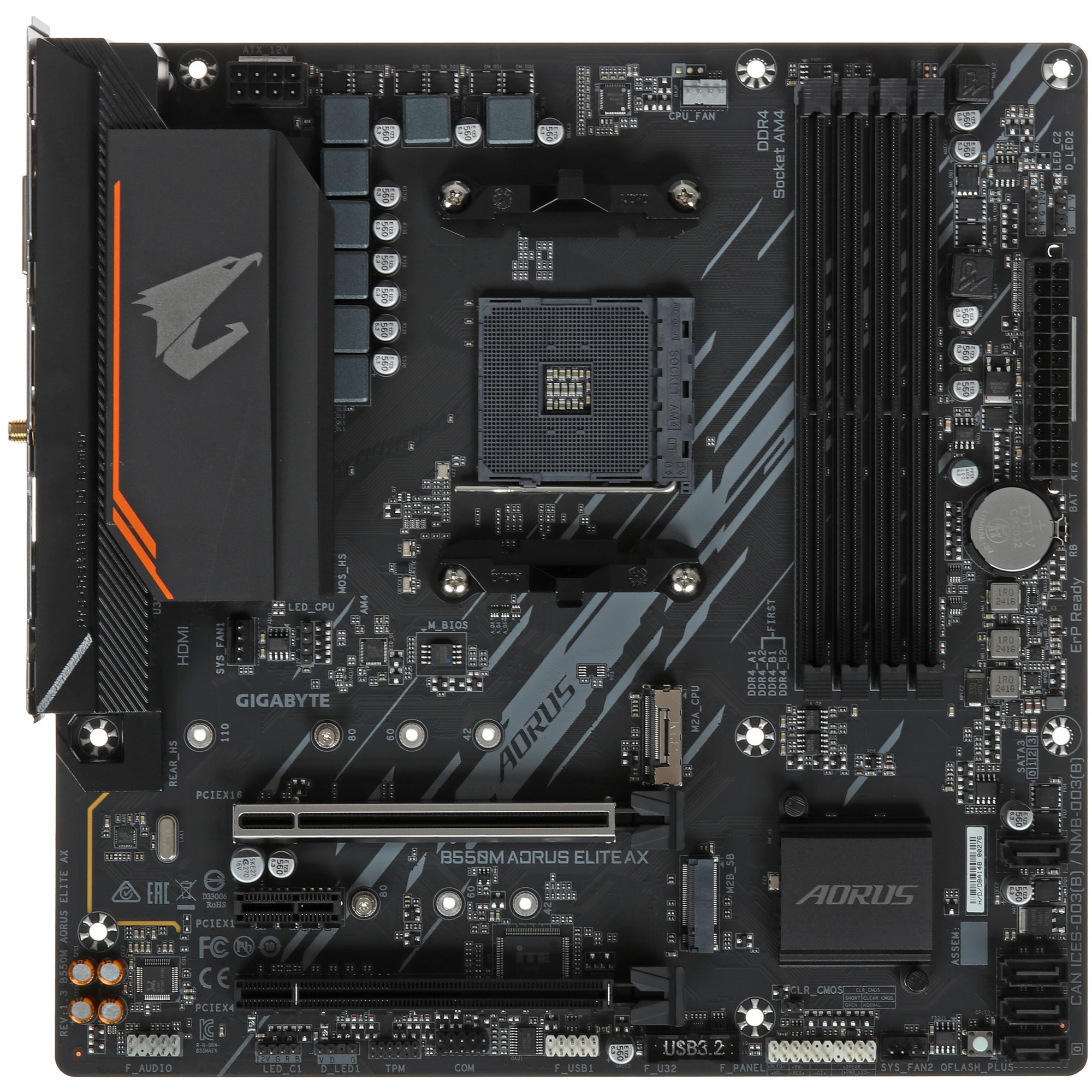Материнская плата Gigabyte B550M AORUS ELITE AX; Socket AM4; mATX; AMD B550; 4хDDR4(4733); 2xPCI-E x16; 1xPCI-E x1; 1xDVI; 1xHDMI; 4(SATA 6Gb/s); 7.1