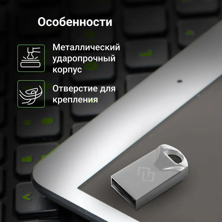 Накопитель USB-флэш 32 ГБ Digma DRIVE2 (DGFUM032A20SR); USB 2.0; моноблок; микрофлешка; металлический корпуc