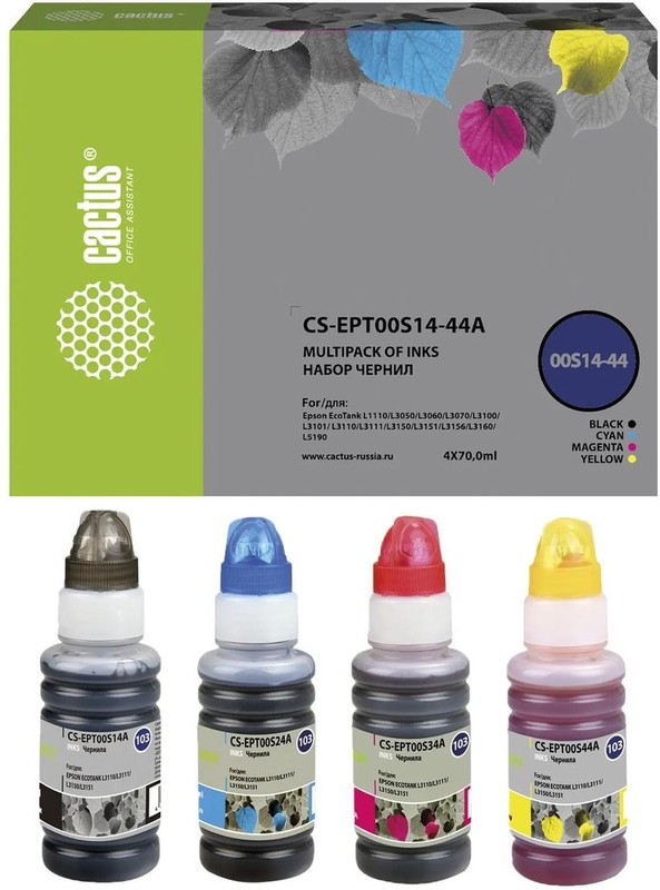 Чернила для Epson Cactus 103/101 Multipack (CS-EPT00S14-44A); BK/C/M/Y; L11XX/L31XX/L51XX; 4x70 мл