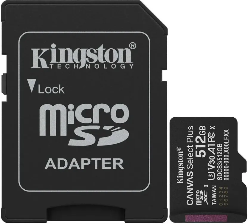 Карта памяти 512 ГБ Kingston Canvas Select Plus (SDCS2/512GB); micro SDXC UHS-I U3 V30; Class 10; адаптера SD