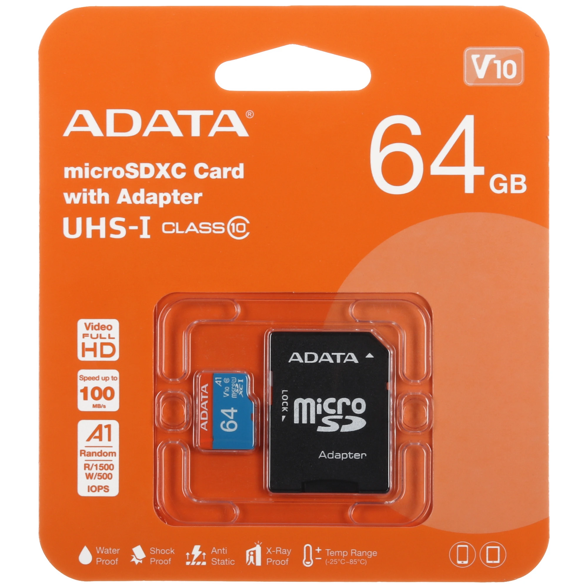 Карта памяти 64 ГБ AData Premier Pro 64GB (AUSDX64GUICL10A1-RA1***); micro SDXC UHS-I U1 A1 V10; Class 10; адаптер SD