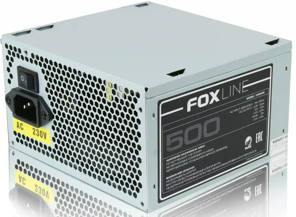 Блок питания 500 Вт Foxline FZ500R; 1x24 pin; 1x8(4+4) pin; 3xSata; 2xMolex; 1x6+2-pin PCI-E; 120 мм; OEM