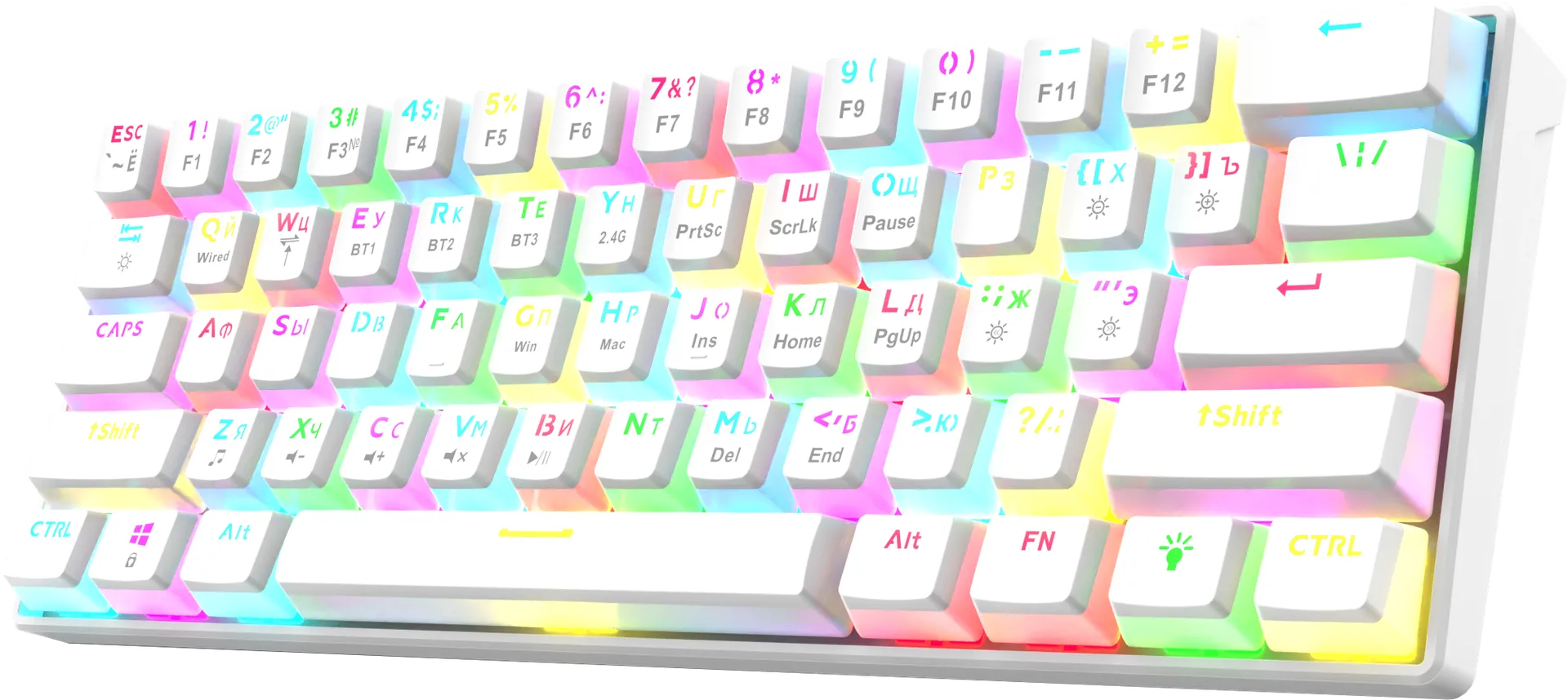 Клавиатура игровая Jet.A PANTEON T2 PRO BS Purple-White (79); USB + (Bluetooth/2.4 Ггц); механическая; 61 клавиш; 12 (+FN); RGB; встроенный аккумулято