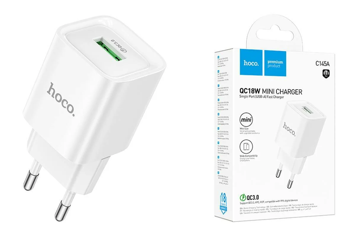 Зарядное устройство Hoco C145A Charm (C145A White), 18 Вт, 3А, 1xUSB, 61 г, Кабель в комплекте Type-C